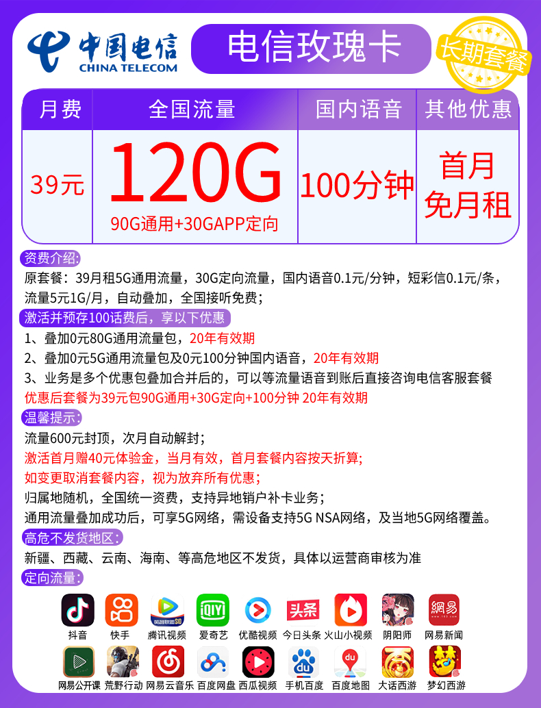 【20年长期套餐】山东电信玫瑰卡39月租90G通用+30G定向+100分钟